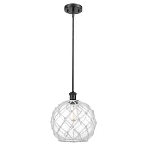 Farmhouse Rope 1-Light Matte Black Globe Pendant Light with Clear Glass with White Rope Glass and Rope Shade