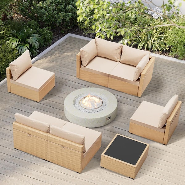 PATIOGUARDER 8-Piece Rattan Patio Conversation Set with Cushions and 42 in. Outdoor Round Fire Pit Table, Beign Cushions