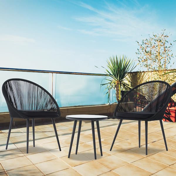 Wateday Outdoor 3-Piece Wicker Patio Conversation Seating Set with Black Cushions