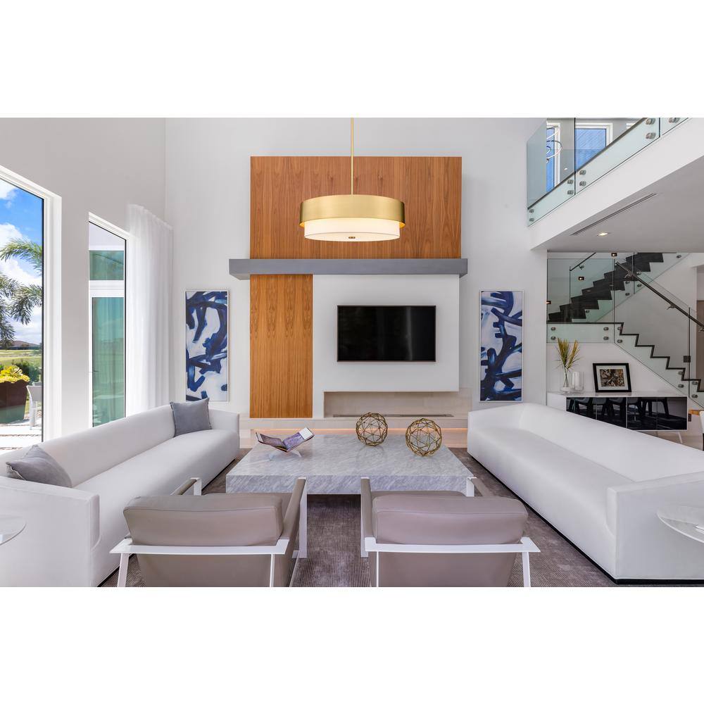 Modern Gold 32" Drum Chandelier with White Fabric Shade
