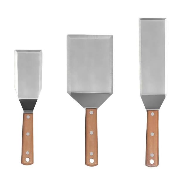 Griddle Accessory Series Stainless Steel and Wood Spatula Set with Beveled Blade for Cast Iron Flat Top Grills