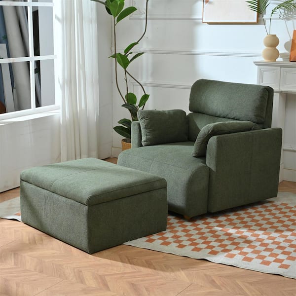 Dark Green Snowflake Fleece Fabric Accent Armchair Chair and Storage Ottoman Set with 2 Throw Pillows