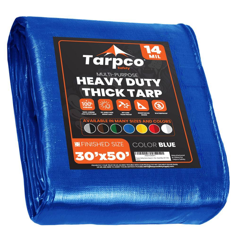TARPCO SAFETY 30 ft. x 50 ft. Blue Polyethylene Heavy Duty 14 Mil Tarp  Waterproof UV Resistant Rip and Tear Proof TS-105-30x50 The Home Depot