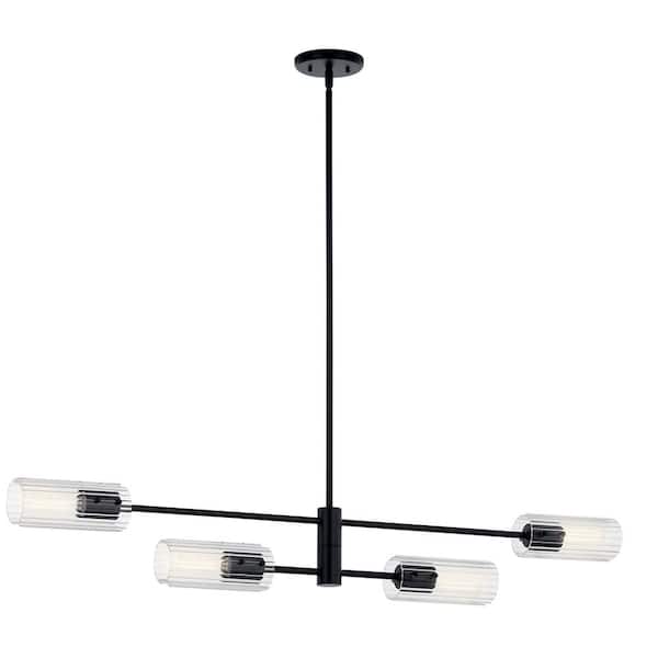 Velestino 47.5 in. 4-Light Black Modern Shaded Cylinder Linear Chandelier for Dining Room