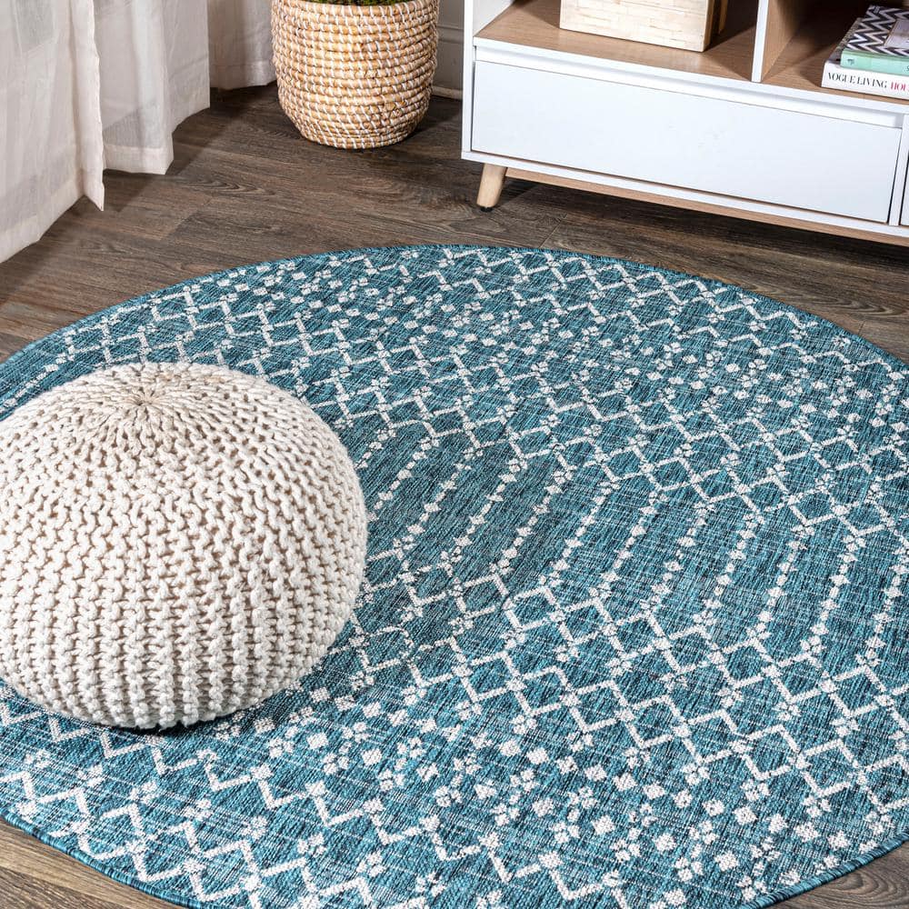Ourika Moroccan Geometric Textured Weave Teal/Gray 5 ft. Round Indoor/Outdoor Area Rug price history on PriceWatchPro
