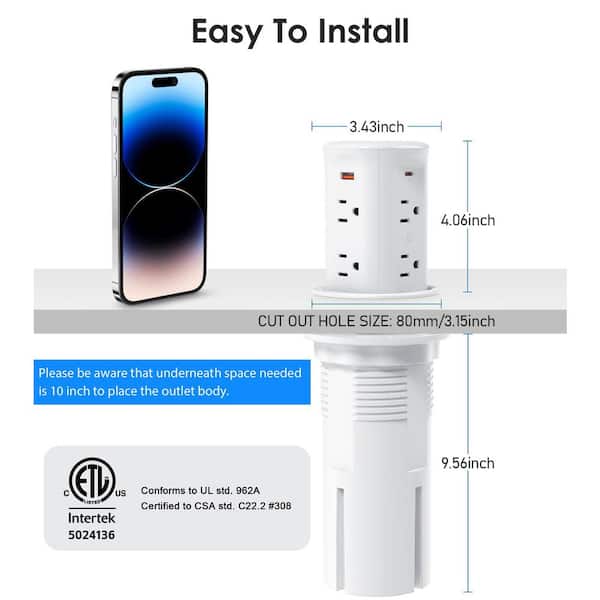 3 in. White 8-Outlet Pop-Up Countertop Outlet with Wireless 12 A 20-Watt PD and 4 USB Ports for Kitchen and Office