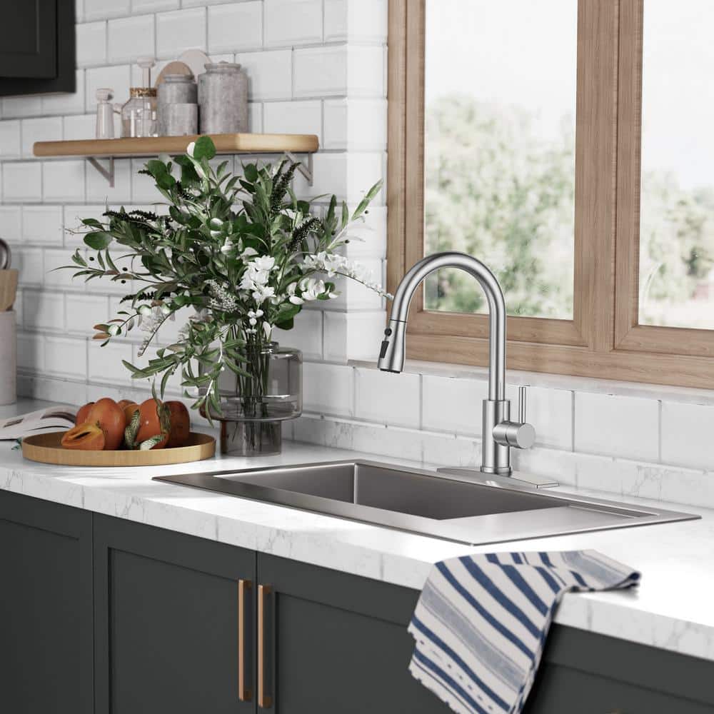 High Arc Brushed Nickel Pull-Out Kitchen Faucet with Single Handle