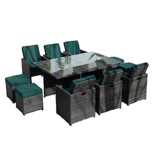 Trip Brown 11-Piece Wicker Rectangle Outdoor Dining Set with Dark Green Cushions