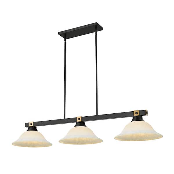 Bronte 54.75 in. Matte Black Plus Rubbed Brass 3-Light Billiard Light with Mottle White Glass Shades