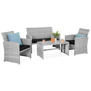 Gray 4-Piece Wicker Patio Conversation Set with Black Cushions, 4 Seats, Tempered Glass Table Top