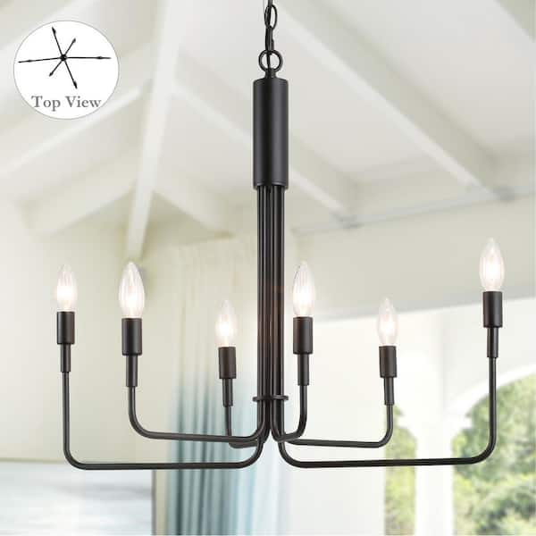 LALUZ Modern Black Candlestick Oblong Chandelier Farmhouse Irregular Pendant Light 6-Light Transitional Hanging Ceiling Light