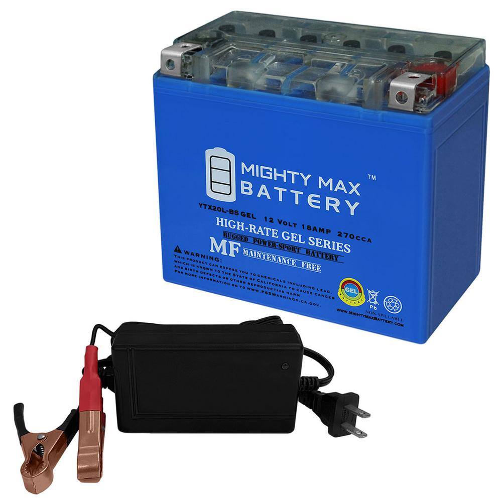 MIGHTY MAX BATTERY YTX20LBS GEL Replaces BikeMaster TruGel MG20LBS + 12V 4Amp Charger