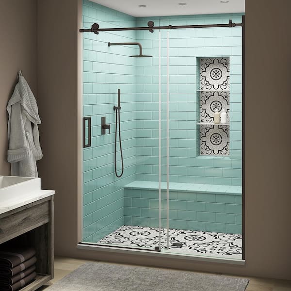 Aston Coraline XL 56 - 60 in. x 80 in. Frameless Sliding Shower Door with StarCast Clear Glass in Bronze Left Hand