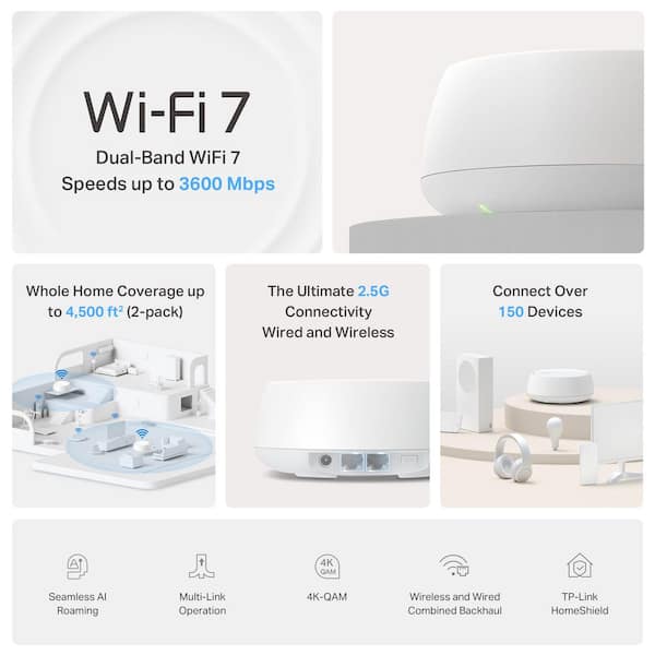 TP-LINK Deco BE3600 Dual-Band Wi-Fi 7 Mesh System 2-Pack-Covers up