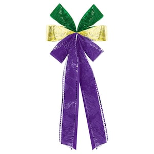 28 in. Mardi Gras Green, Purple and Gold Flocked Deluxe Bow (2-Pack)