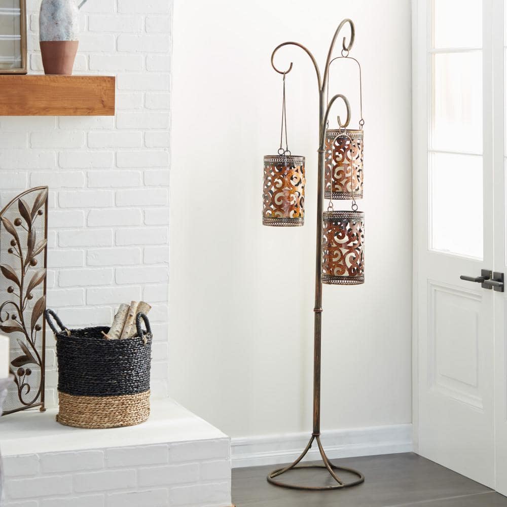 Brass Perforated Moroccan Hanging Floor Candle Lantern, 67"