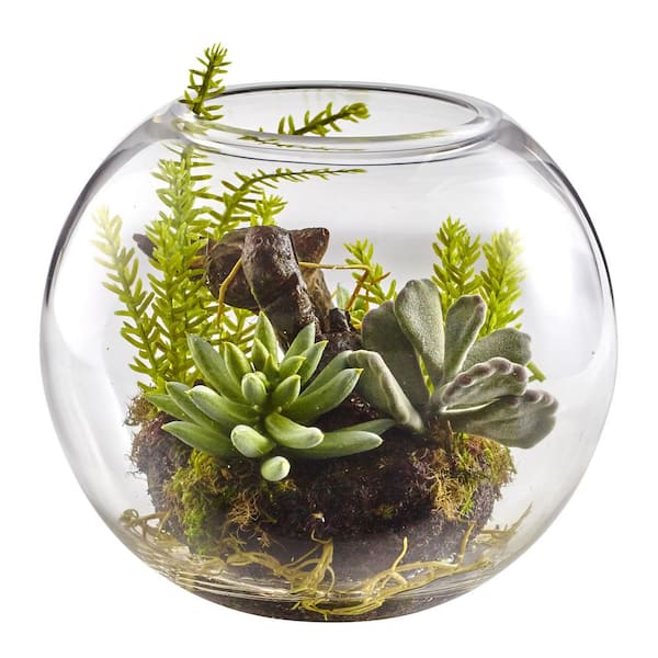 Nearly Natural 6.5 in. Artificial Mix Succulent Garden with Glass Vase