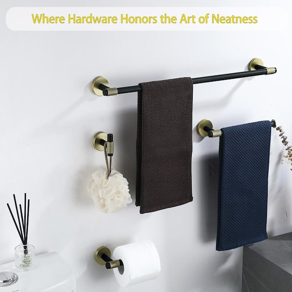 4 -Piece Bath Hardware Set with Towel bar Toilet Paper Holder Towel Hook Towel Holder Set in Black and Gold
