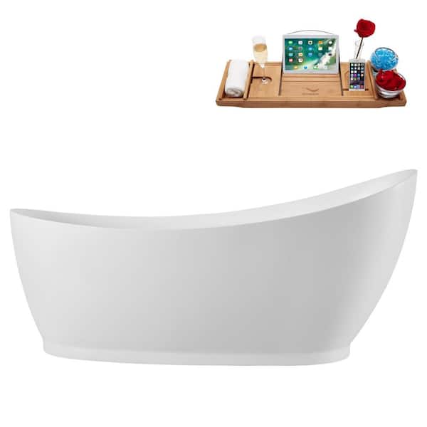 68 in. x 35 in. Acrylic Freestanding Soaking Bathtub in Glossy White with Brushed Nickel Drain, Bamboo Tray