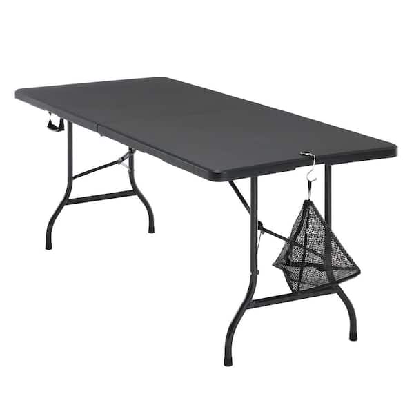 VECELO Folding Table 6FT Portable Plastic Top Table with Carry Handle and Mesh Trash Bag, Heavy Duty Black Camp Dining Table