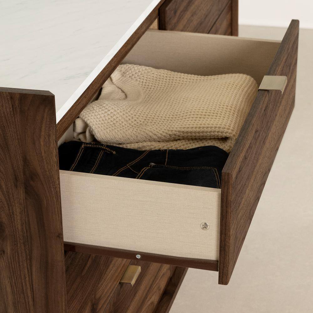 Elegant 6-Drawer Double Dresser in Natural Walnut with Brass Accents
