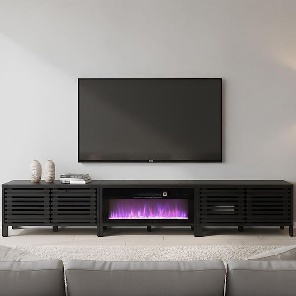 115 in. Black Freestanding Fireplace TV Stand Fits Up to 110 in. with Remote