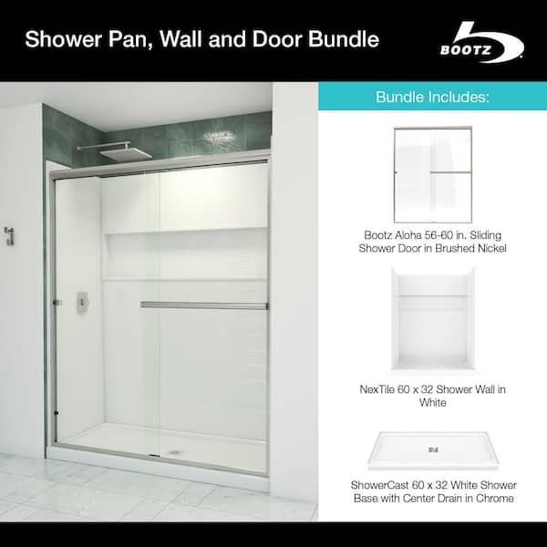 Aloha ShowerCast 60 in. x 32 in. Center Shower Pan, NexTile 60 in. x 32 in. Shower Wall & Brushed Nickel Shower Door Kit