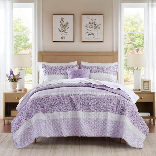 Evian 4-Piece Purple Floral Polyester King/Cal King Quilt Set with Throws