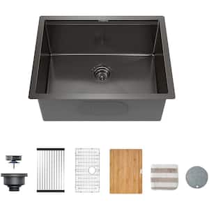 24 in. Gloss Black Undermount Single Bowl Stainless Steel Kitchen Sink with Bamboo Cutting Board and Drain Tray