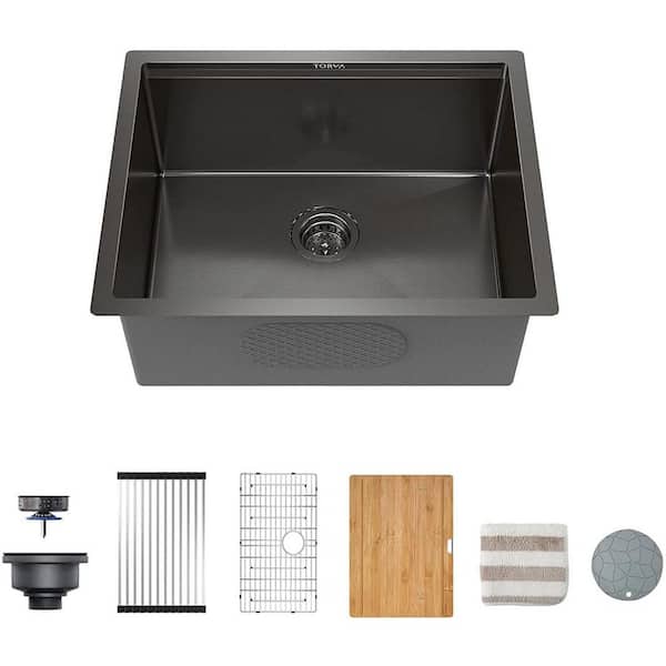 Amucolo 24 in. Gloss Black Undermount Single Bowl Stainless Steel Kitchen Sink with Bamboo Cutting Board and Drain Tray