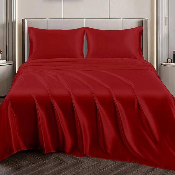 Satin Bed Sheet Set Ultra Soft 4-Piece (Red, Queen)