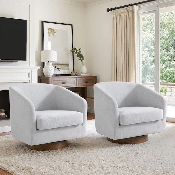 Beige Chenille Upholstered 360° Swivel Arm Chair With Wood Base (Set of 2)