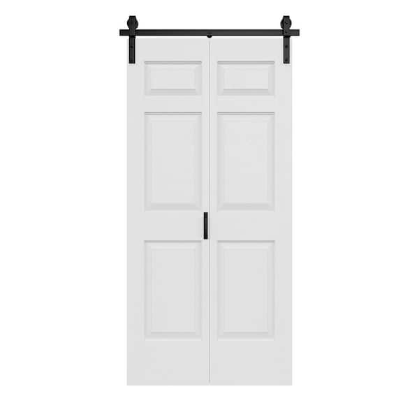 40 in. x 84 in. Paneled 6-Lite White Primed Hollow Core MDF Composite Bi-Fold Door with Bifold Barn Door Hardware
