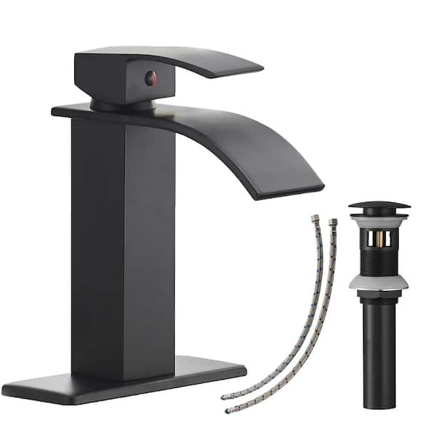 Waterfall Single Hole Single-Handle Low-Arc Bathroom Faucet With Pop-up Drain Assembly in Matte Black
