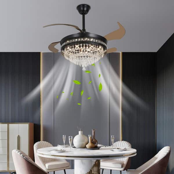 42 in. Indoor Black Modern Retractable and Reversible 6-Speed Crystal Ceiling Fan with 3-Color Integrated LED and Remote