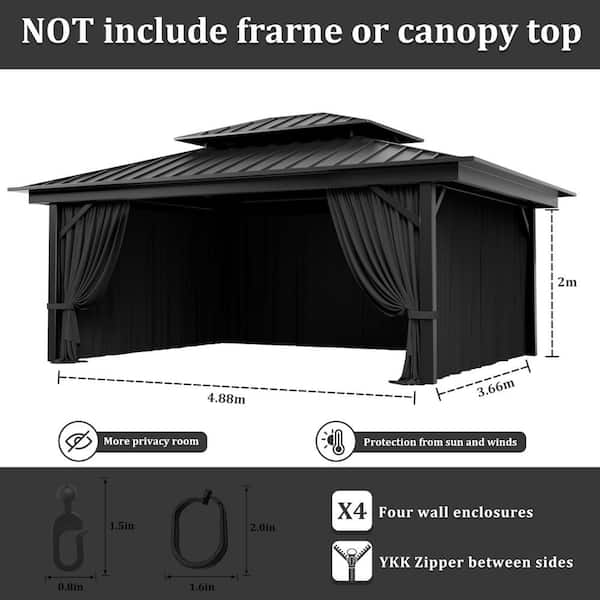 12 ft. x 16 ft. Universal Outdoor Privacy Curtains, Gazebo Curtain Replacement with Zipper Black (4-Side Curtain Only)