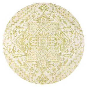 Estrella Bohemian Medallion Textured Weave Cream/Green 5 ft. Round Indoor/Outdoor Area Rug