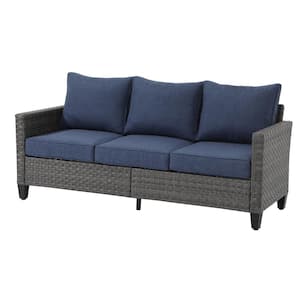 OC Orange Casual Wicker Grey Outdoor 3-Seat Couch Sofa with Blue Cushion