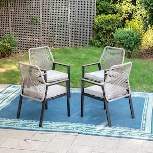 Black Metal Woven Rope Outdoor Patio Dining Chair with Beige Cushions (4-Pack)