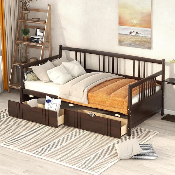 Qualler Espresso Twin Size Wooden Daybed with 2-Drawers BLE000057P ...