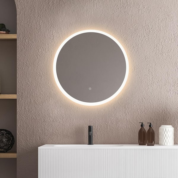 ELLO&ALLO 24 in. W x 24 in. H Single Frameless Round LED Light Bathroom Wall Vanity Mirror with Shelf, Clear