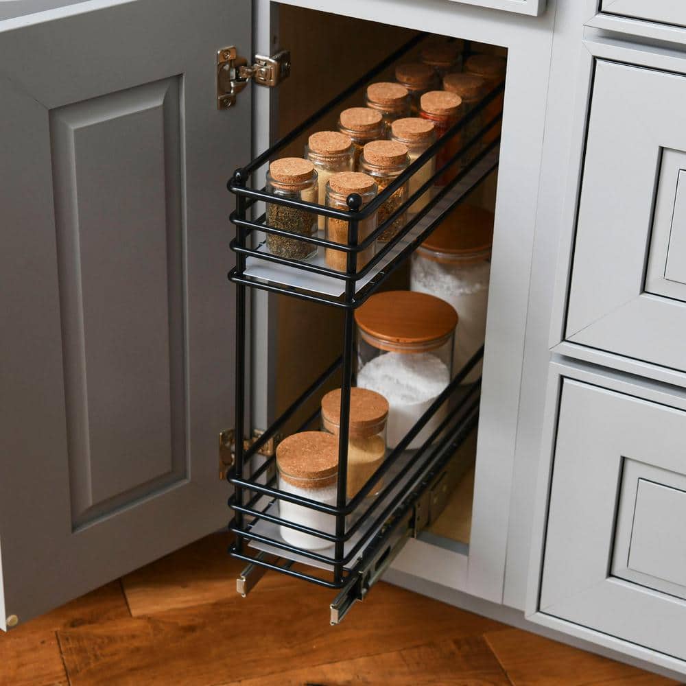 Black 2-Tier Steel Sliding Cabinet Organizer with Plastic Liners