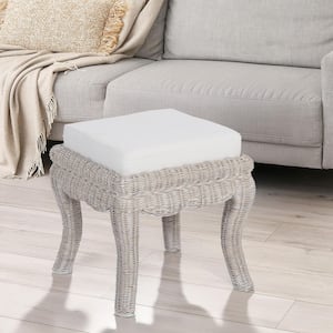 Rowan 19.7 in. Bohemian Designer Woven Rattan/Wood Ottoman Vanity Stool, White Cushion Seat with Gray White Wash Base