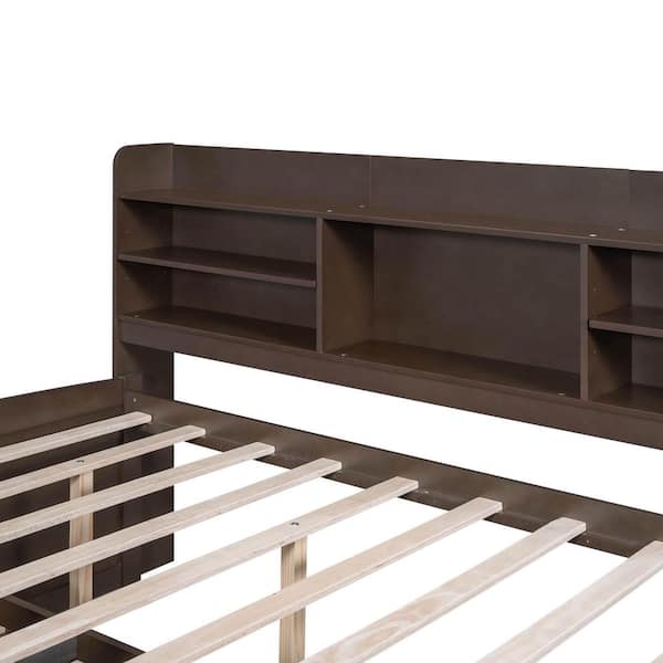 Antique Gray Wood Frame Full Size Platform Bed with Built-in Bookshelves,3 Storage Drawers and Trundle