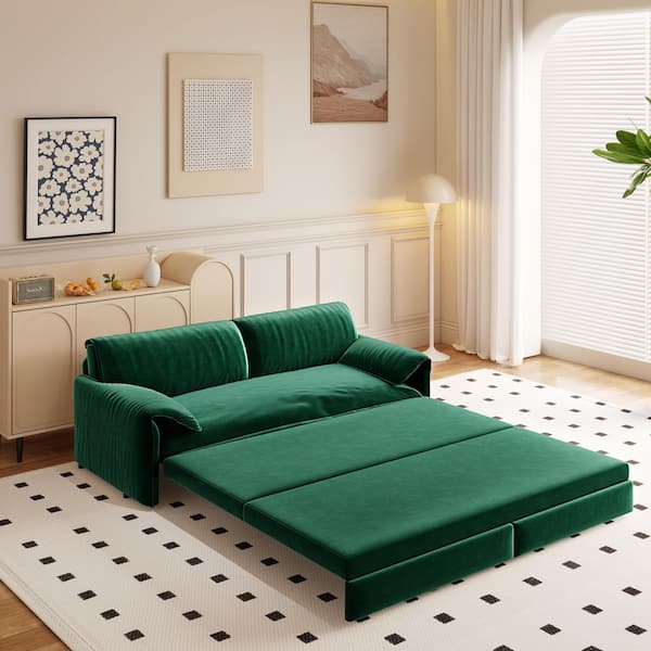 Harper & Bright Designs 3-in-1 Convertible 66 in. Green Soft Velvet Queen Size Sofa Bed with Side Pockets