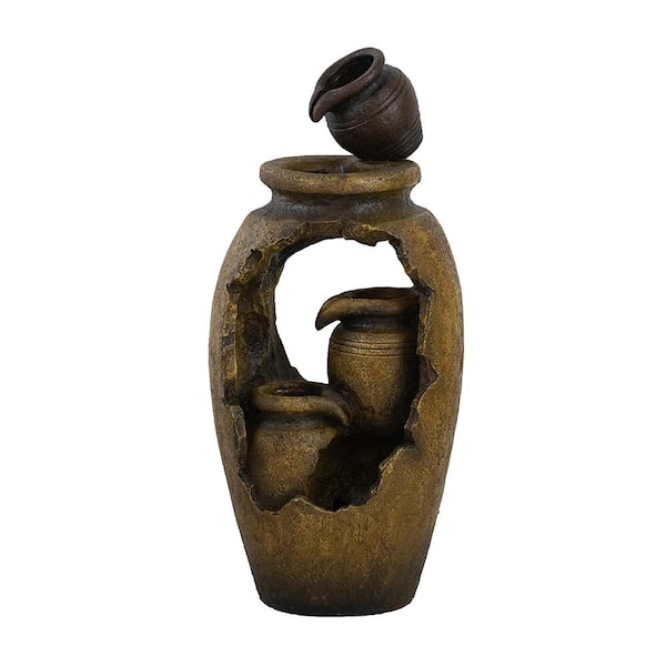 Siavonce 15.4x11.8x32.7 in. Traditional Rustic Decorative 3-Tier Brown Water Tiered Fountain with Pot Design, with Light and Pump
