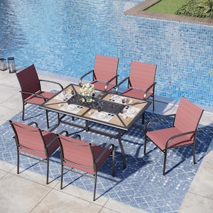 Black 7-Piece Metal Geometric Rectangle Table Outdoor Patio Dining Set with Red Textilene Chairs