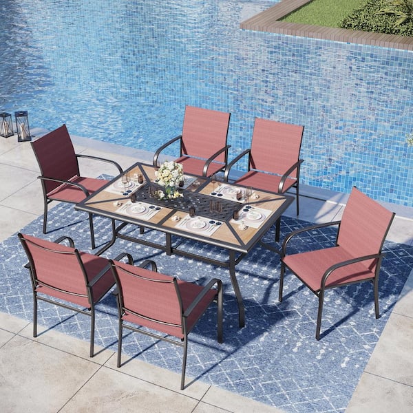 PHI VILLA Black 7-Piece Metal Geometric Rectangle Table Outdoor Patio Dining Set with Red Textilene Chairs