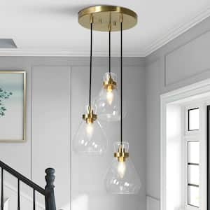 Transitional Dining Room Cluster Pendant Light 3-Light Plating Brass Pendant Light with Bell Textured Glass Shades