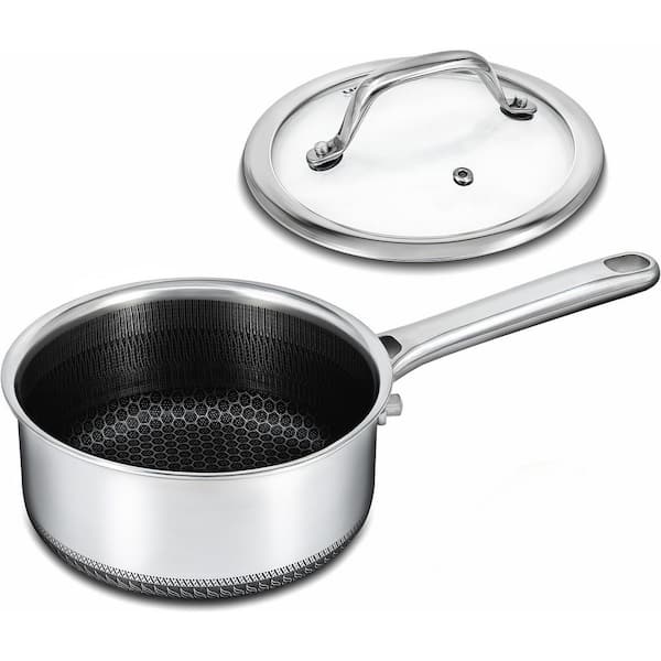 Hybrid Nonstick 1.5 qt. Stainless Steel and Aluminum Sauce Pan with Black Ceramic Coating in Silver with Lid